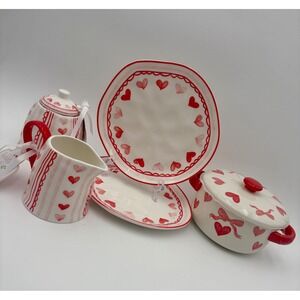 Grace Teaware Valentine Heart Sugar Creamer Dessert Plate Ceramic Pot Set Red